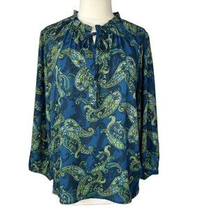 Counterparts Blouse Womens XL Blue Paisley New Long Sleeves Ruffle Neck